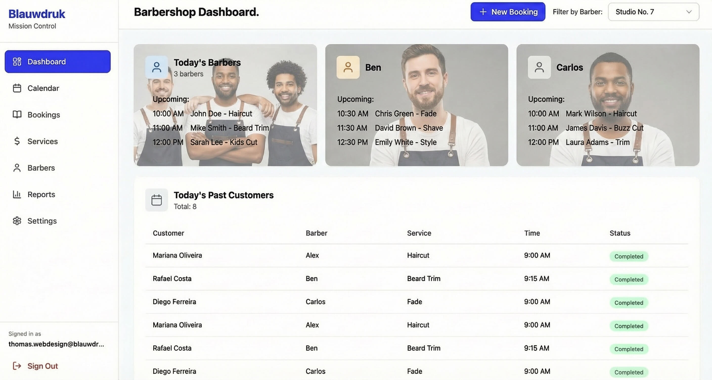 Barbershop dashboard interface